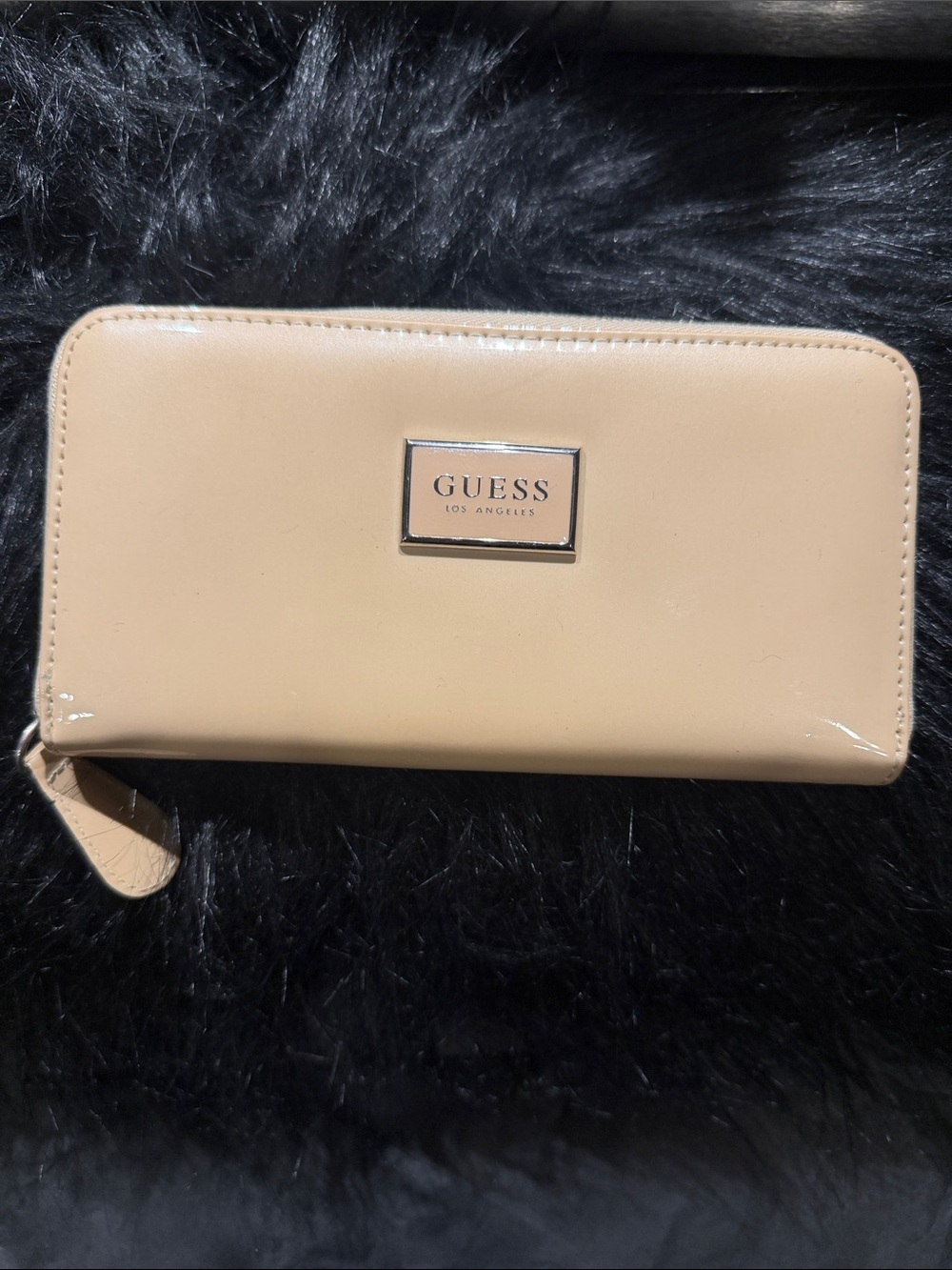 GUESS Nude Patent Zip-Around Wallet with Logo Plate